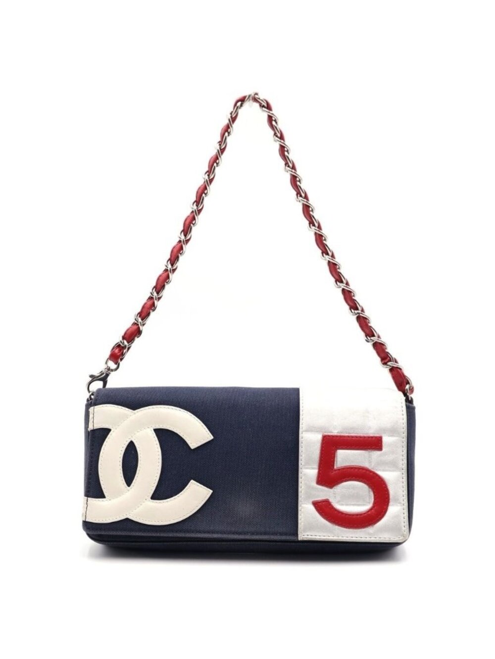 Chanel Number 5 Choco Bar CC Logo Chain Shoulder Bag Navy Silver